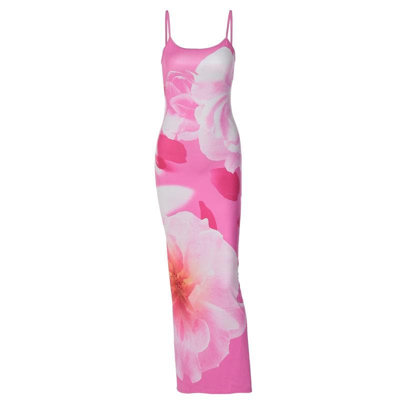 Oversized Floral Print Scoop Neck Spaghetti Strap Bodycon Maxi Dress