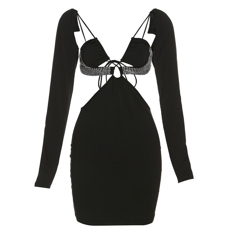 Hollow Out Rhinestone Bust Asymmetric Sleeve Backless Mini Dress