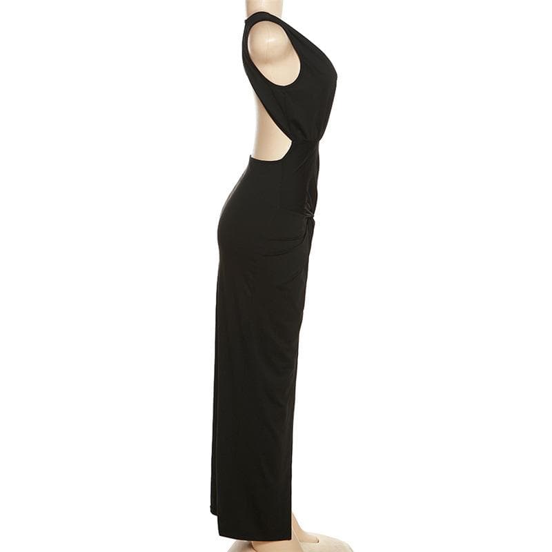 Wide Strap Side Cutout Back Tie Backless Maxi Dress