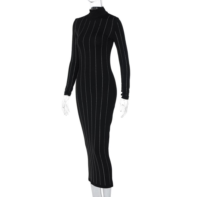 Mock Neck Long Sleeve Rhinestone Pinstripe Bodycon Midi Dress