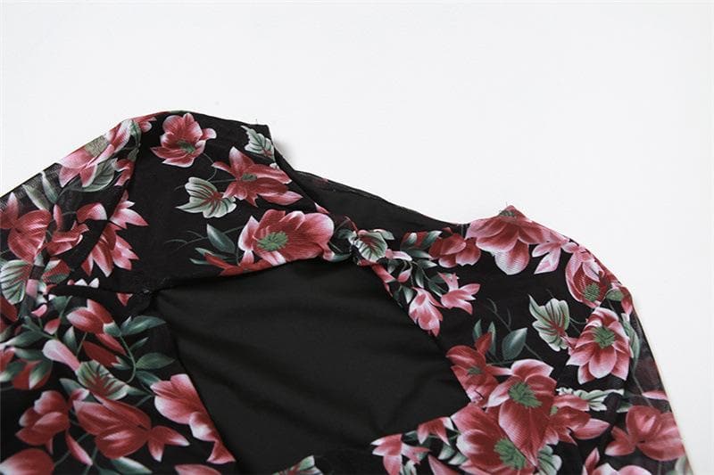 Floral Print Sweetheart Cutout Sheer Mesh Bell Sleeve Ruched Mini Dress