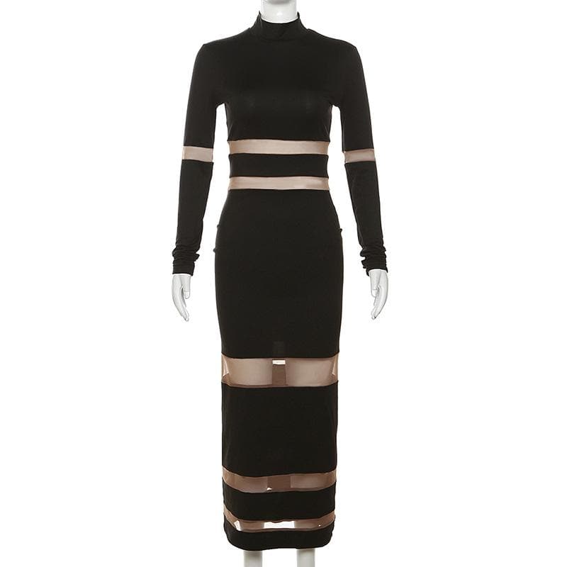 High Neck Mesh Panel Contrast Long Sleeve Bodycon Maxi Dress