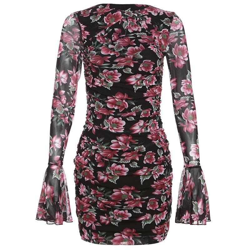Floral Print Sweetheart Cutout Sheer Mesh Bell Sleeve Ruched Mini Dress