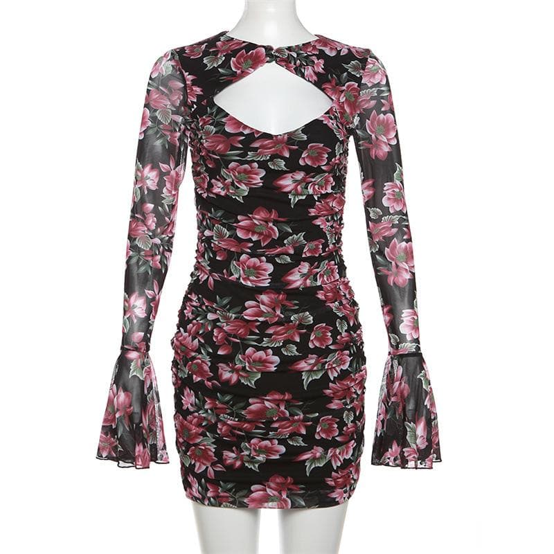 Floral Print Sweetheart Cutout Sheer Mesh Bell Sleeve Ruched Mini Dress