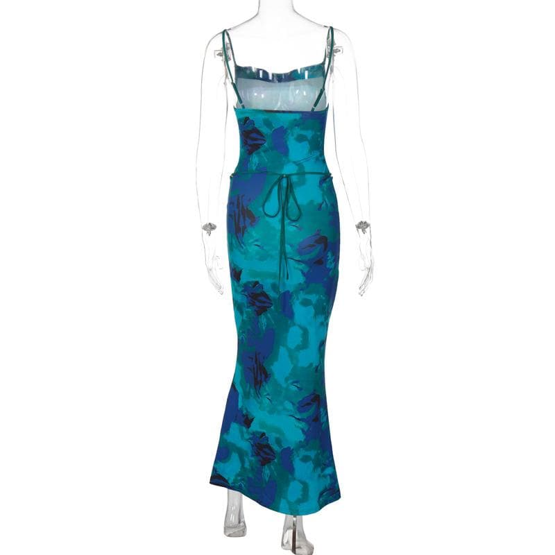 Floral Print Cowl Neck Self Tie Backless Cami Maxi Dress