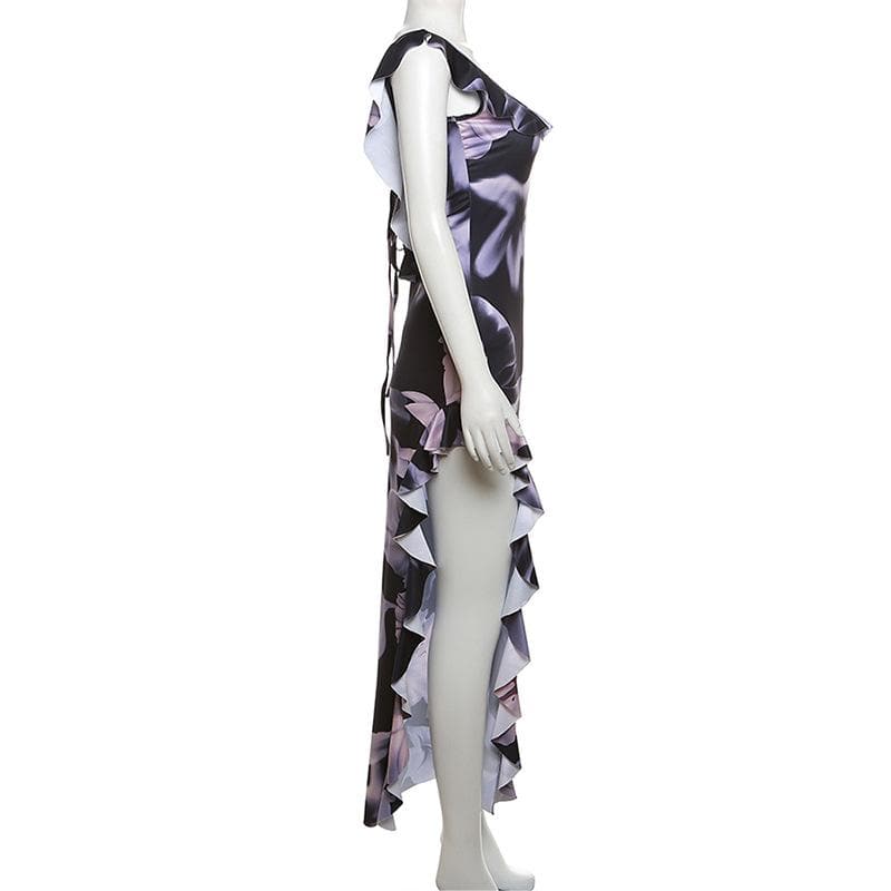Floral Print Cap Sleeve Ruffle Keyhole Asymmetric Slit Maxi Dress