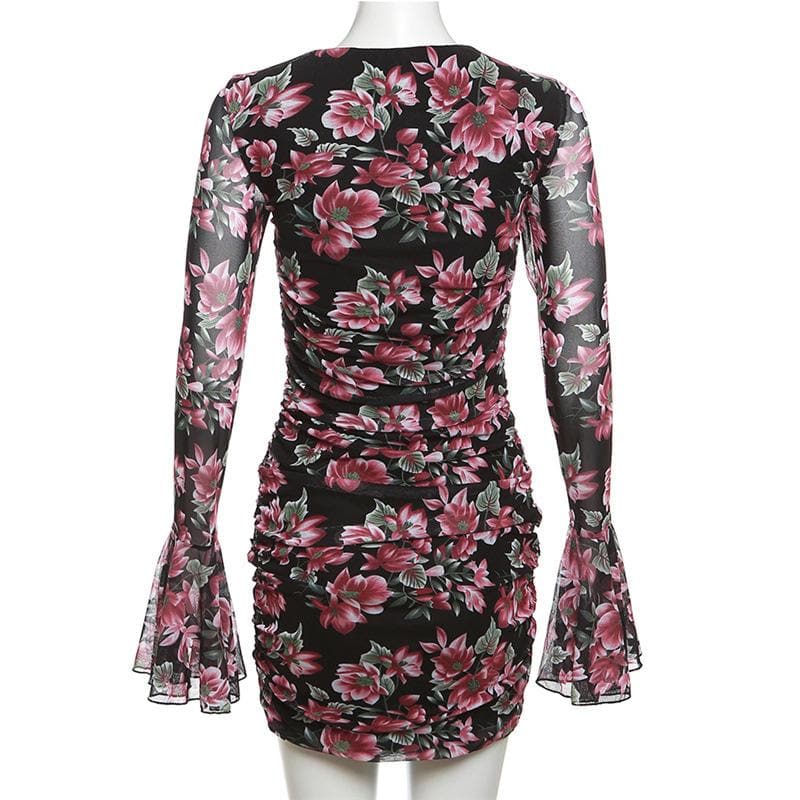 Floral Print Sweetheart Cutout Sheer Mesh Bell Sleeve Ruched Mini Dress