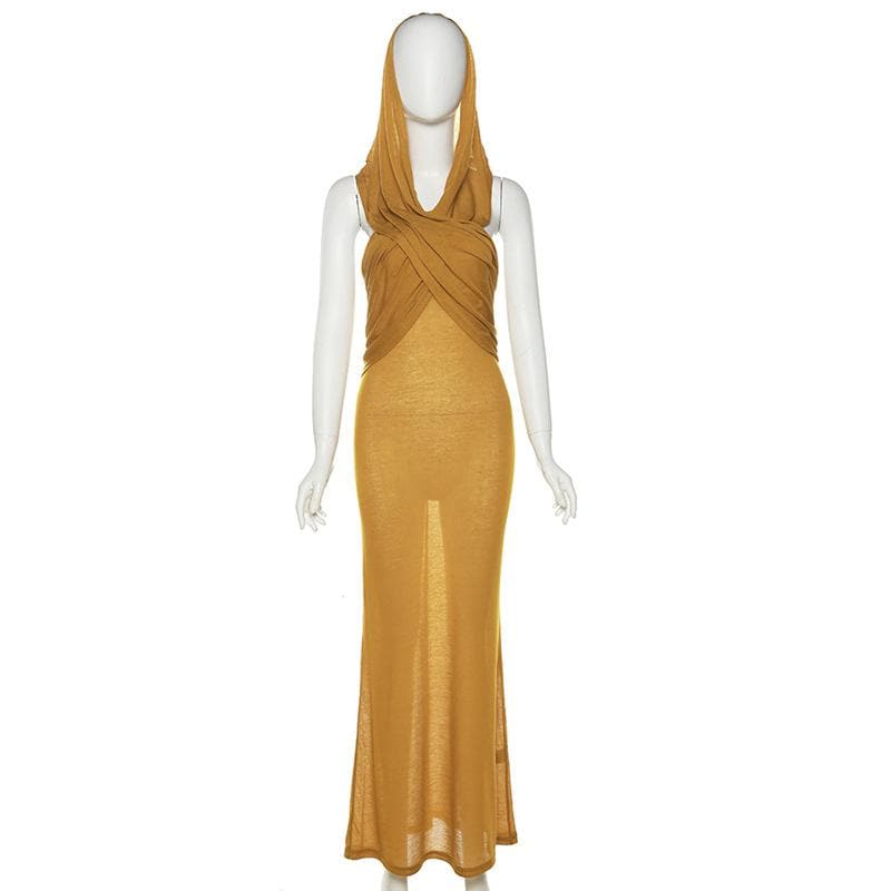 Hooded Cross Halter Ruched Sheer Overlay Bodycon Maxi Dress