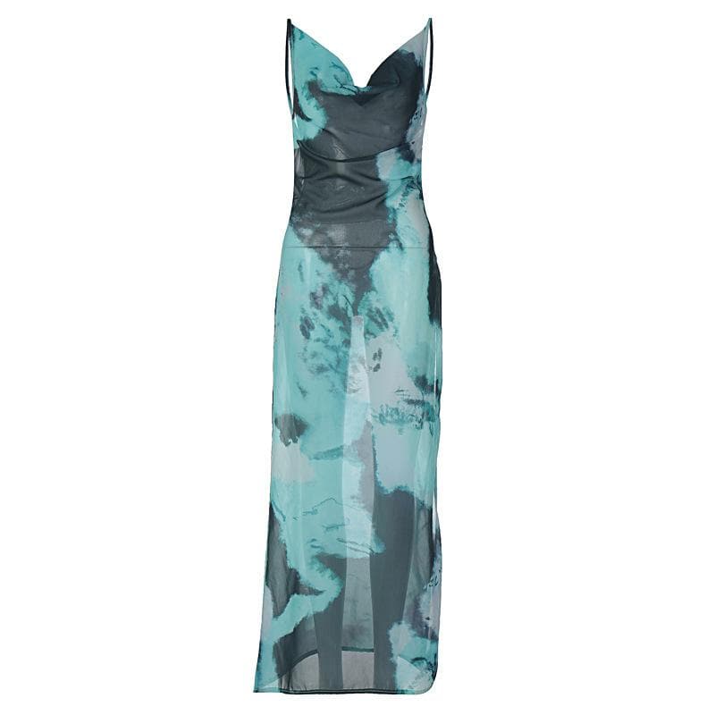 Abstract Tie Dye Print Cowl Neck Spaghetti Strap High Slit Maxi Dress