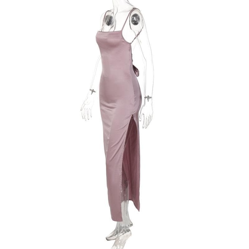 Square Neck Spaghetti Strap Side Slit Satin Midi Dress