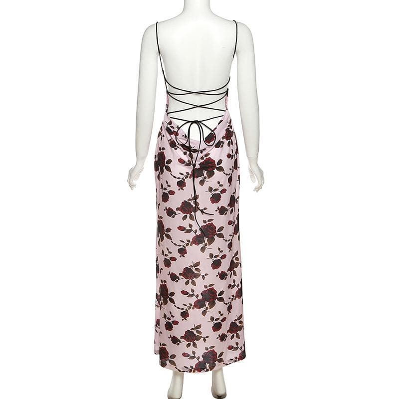 Floral Print Square Neck Spaghetti Strap Back Lace Up Maxi Dress