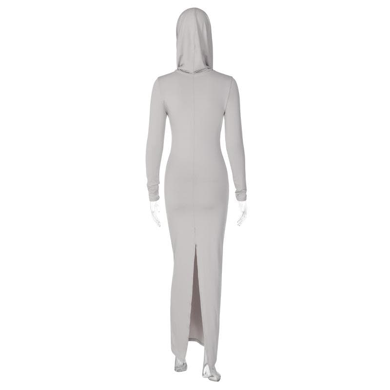 Hooded Long Sleeve Cowl Neck Side Slit Bodycon Maxi Dress