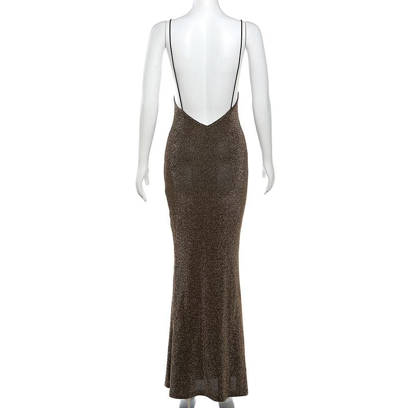 Spaghetti Strap Cowl Neck Glitter Metallic Backless Maxi Dress
