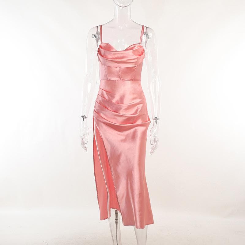 Cowl Neck Spaghetti Strap Corset Bodice Side Ruched Slit Satin Midi Dress