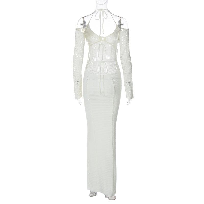 Crochet Knit Cold Shoulder Long Sleeve Halter Keyhole Backless Maxi Dress