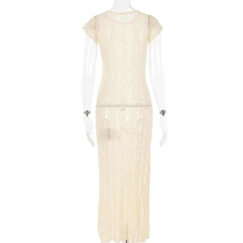 Sheer Diamond Mesh Cap Sleeve Side Bow Tie Slit Maxi Dress