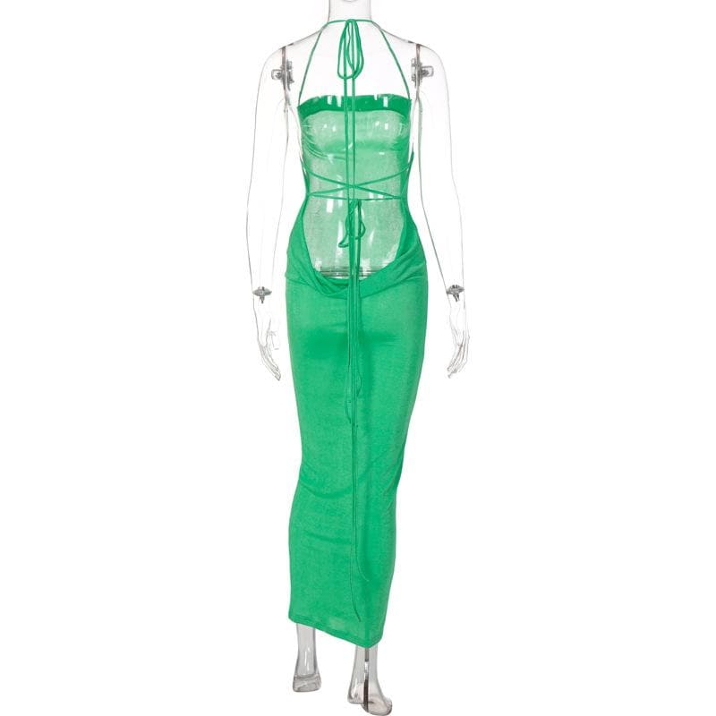 Halter Criss Cross Tie Back Cowl Back Maxi Dress