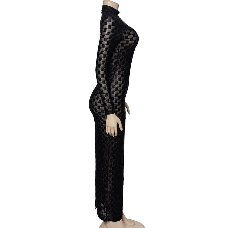 Mock Neck Long Sleeve Sheer Mesh Checkerboard Print Bodycon Maxi Dress
