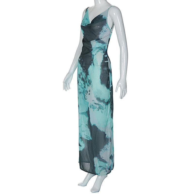 Abstract Tie Dye Print Cowl Neck Spaghetti Strap High Slit Maxi Dress