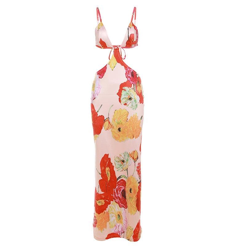 Floral Print Plunge Neck Waist Cutout Spaghetti Strap Maxi Dress