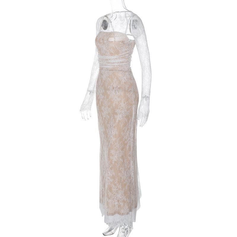 Long Sleeve Lace Zip Up Ruched Shrug Cami Maxi Dress