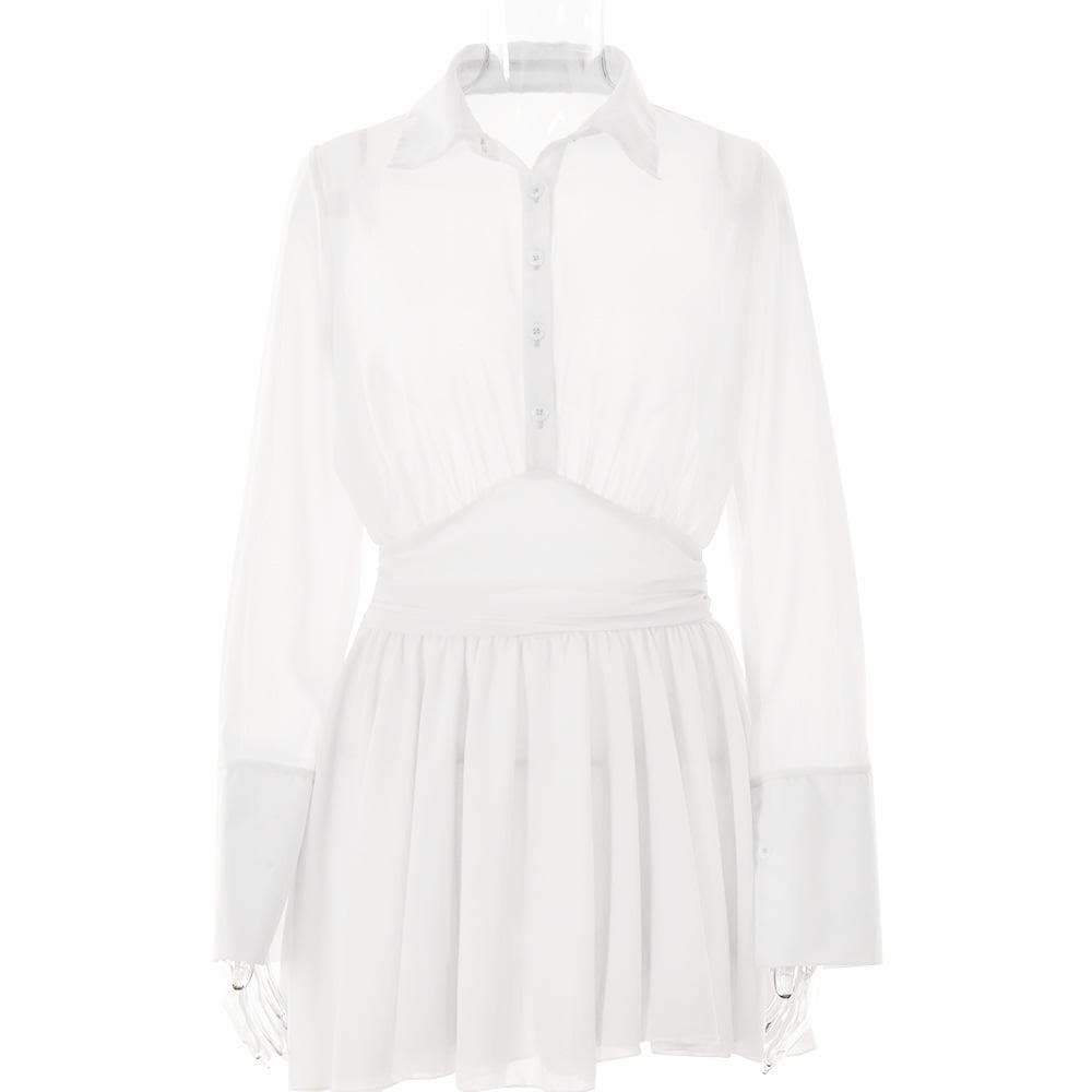 Spread Collar Deep V Ruched Waist Ruffled Cuff Mini Dress