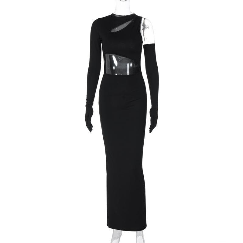 Crew Neck Asymmetric Long Sleeve Glove Cutout Bodycon Maxi Dress