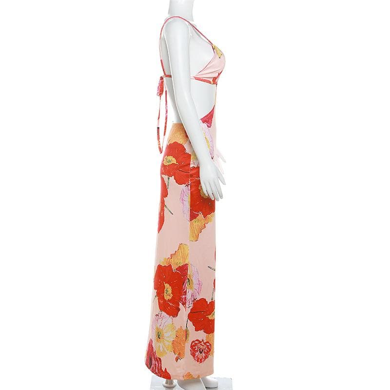Floral Print Plunge Neck Waist Cutout Spaghetti Strap Maxi Dress