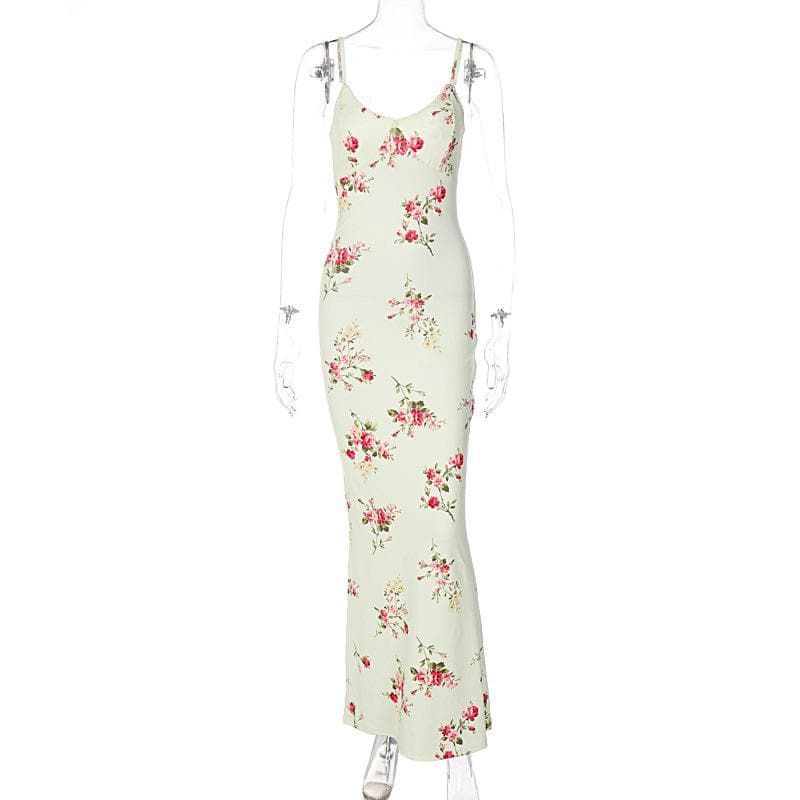 Floral Print Lace Trim V-Neck Spaghetti Strap Bodycon Maxi Dress