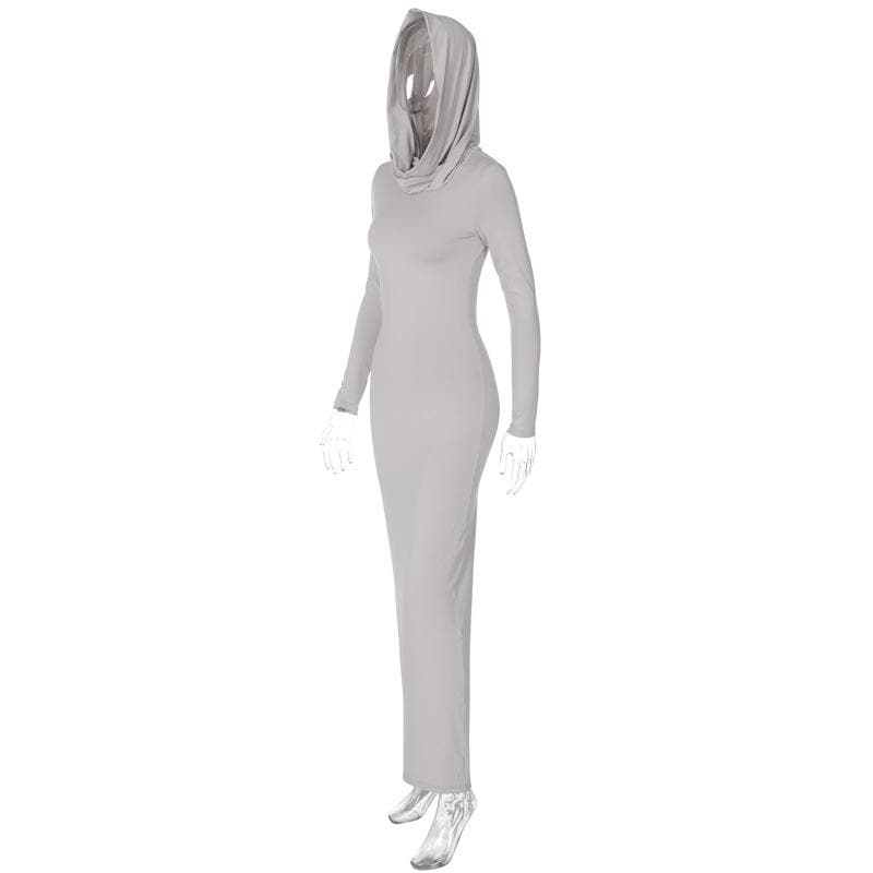 Hooded Long Sleeve Cowl Neck Side Slit Bodycon Maxi Dress