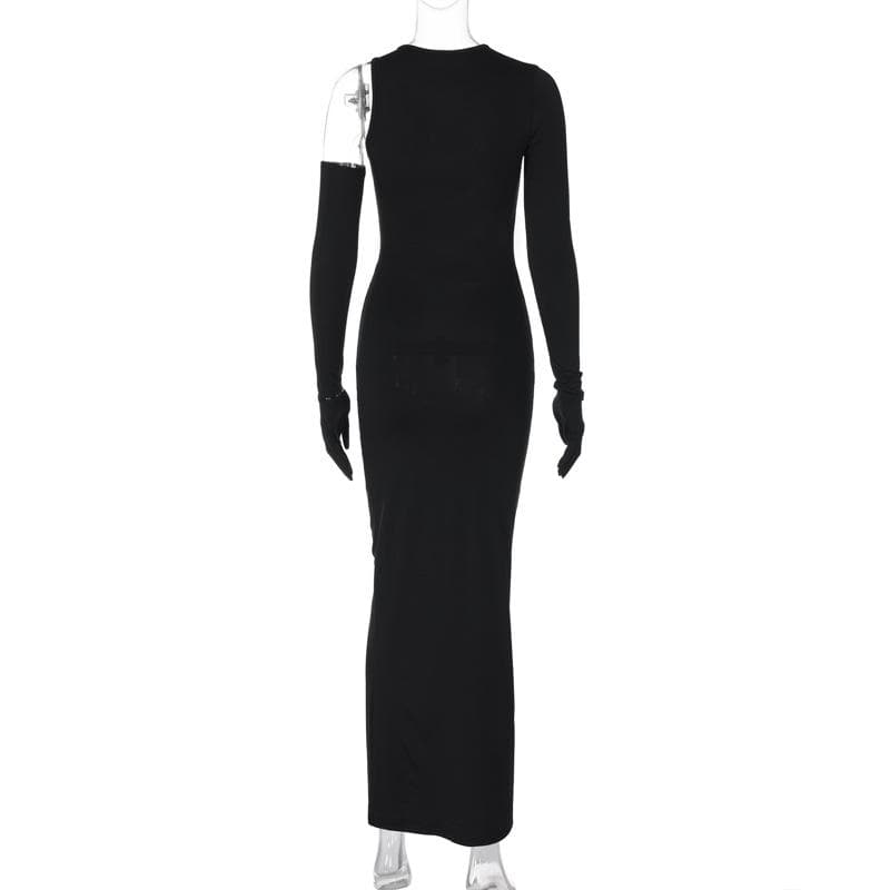 Crew Neck Asymmetric Long Sleeve Glove Cutout Bodycon Maxi Dress