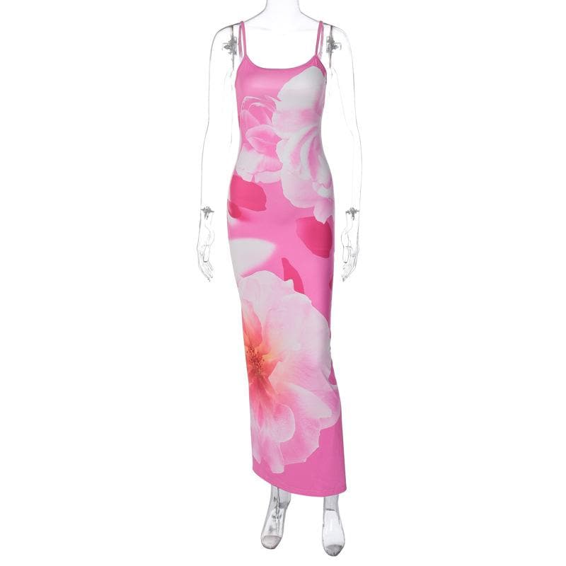 Oversized Floral Print Scoop Neck Spaghetti Strap Bodycon Maxi Dress