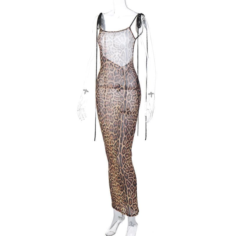 Sheer Mesh Tie Shoulder Halter Backless Bodycon Maxi Dress