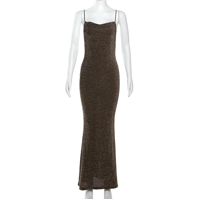 Spaghetti Strap Cowl Neck Glitter Metallic Backless Maxi Dress