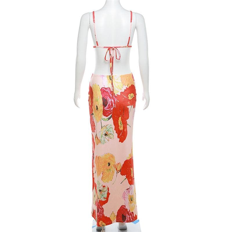 Floral Print Plunge Neck Waist Cutout Spaghetti Strap Maxi Dress