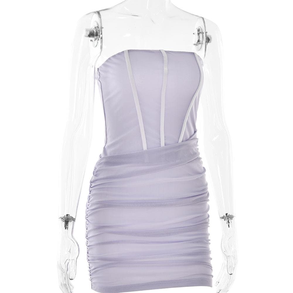 Corset Contrast Ruched Mesh Backless Tube Mini Dress