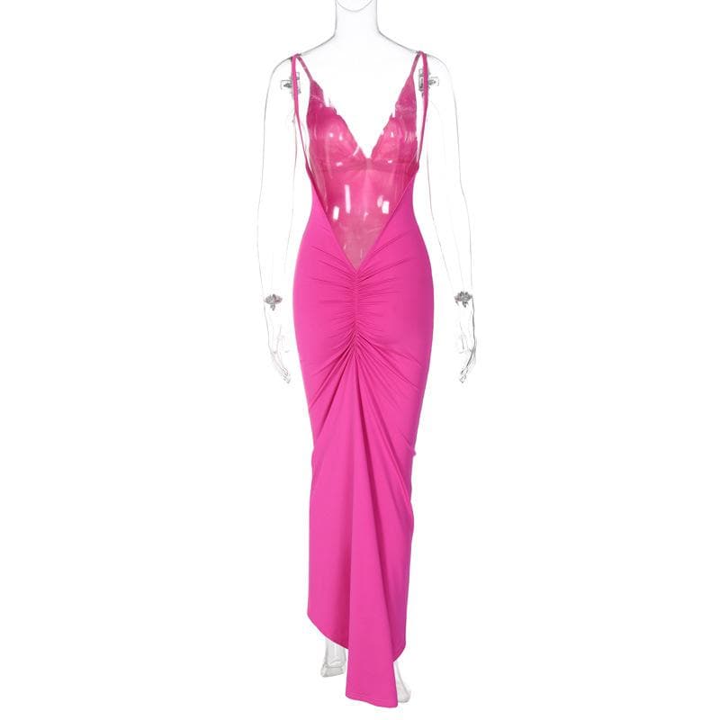 Ruched Back Deep V Backless Spaghetti Strap Maxi Dress