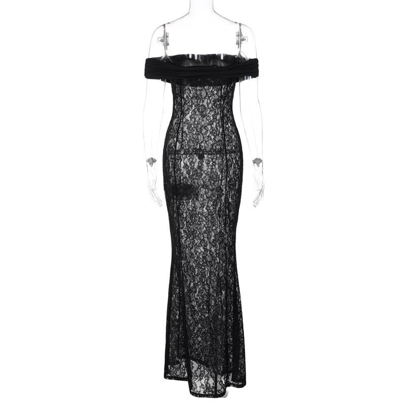 Off Shoulder Floral Lace Sheer Bodycon Floor Length Maxi Dress