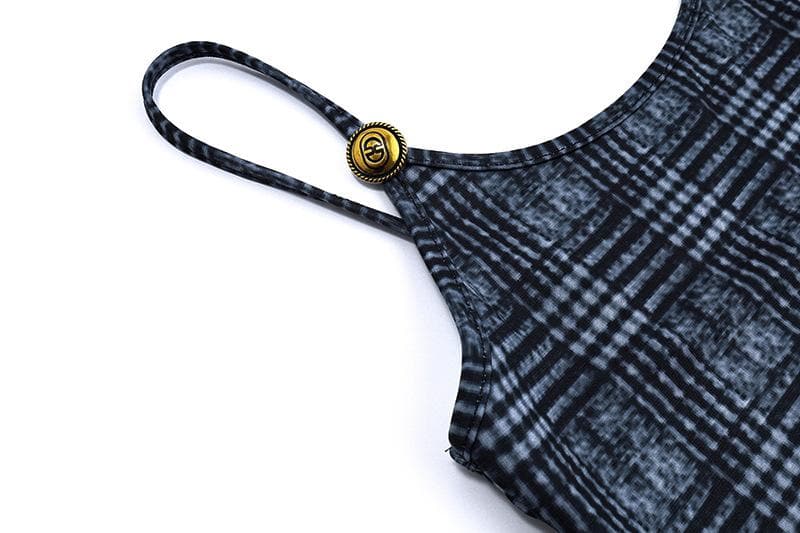 Plaid Scoop Neck Spaghetti Strap Metal Tag Button Cami Mini Dress