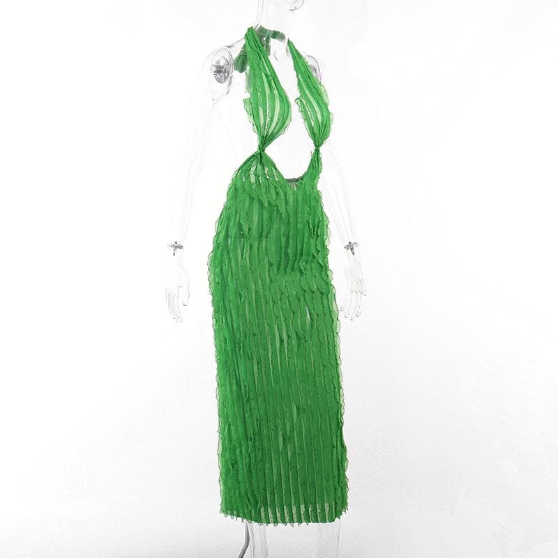Halter Plunging V Neck Cutout Ruffle Tier Bodycon Maxi Dress