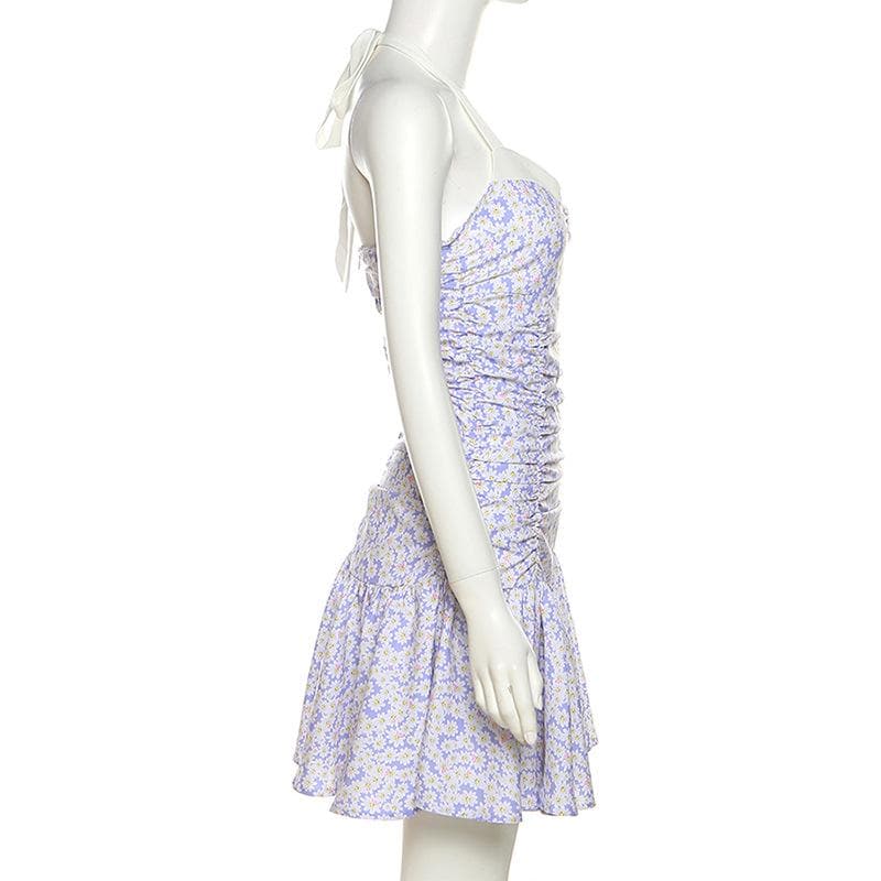 Halter Sweetheart Neck Ruched Ditsy Floral Ruffle Skirt Mini Dress