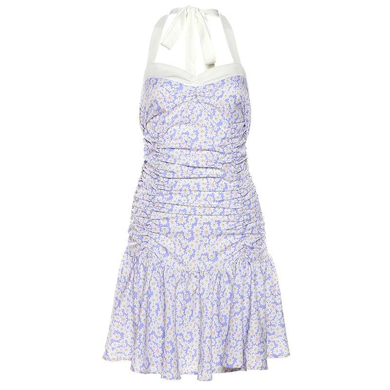 Halter Sweetheart Neck Ruched Ditsy Floral Ruffle Skirt Mini Dress