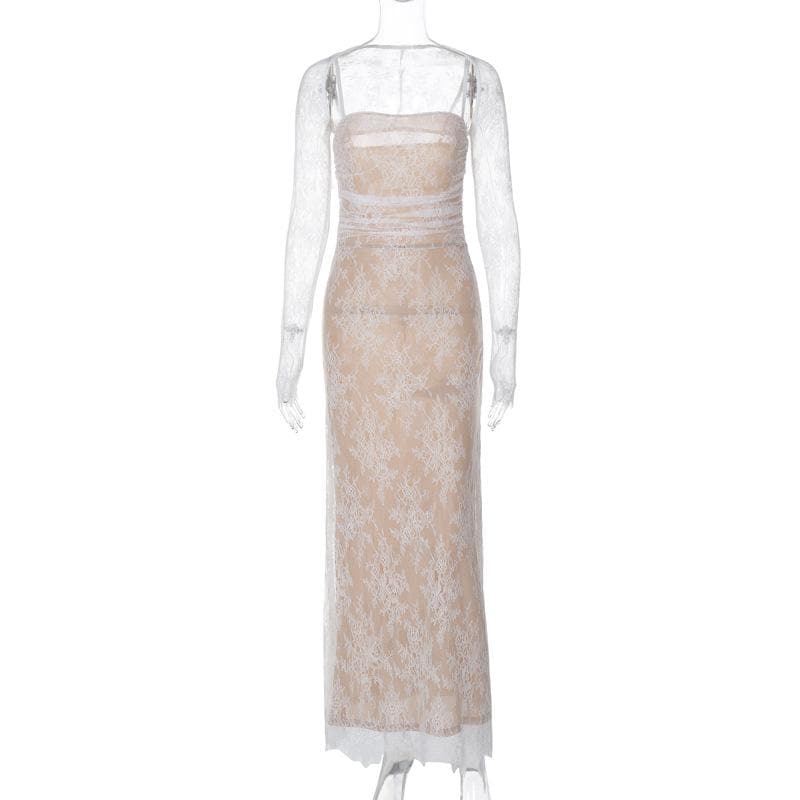 Long Sleeve Lace Zip Up Ruched Shrug Cami Maxi Dress