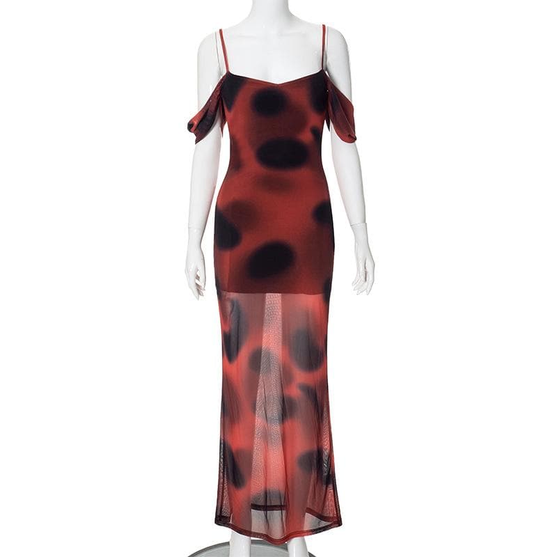 Off Shoulder Spaghetti Strap Blurred Dot Print Sheer Mesh Maxi Dress