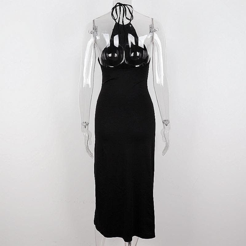 Halter Neck Circular Cutout Ruched Side Slit Maxi Dress