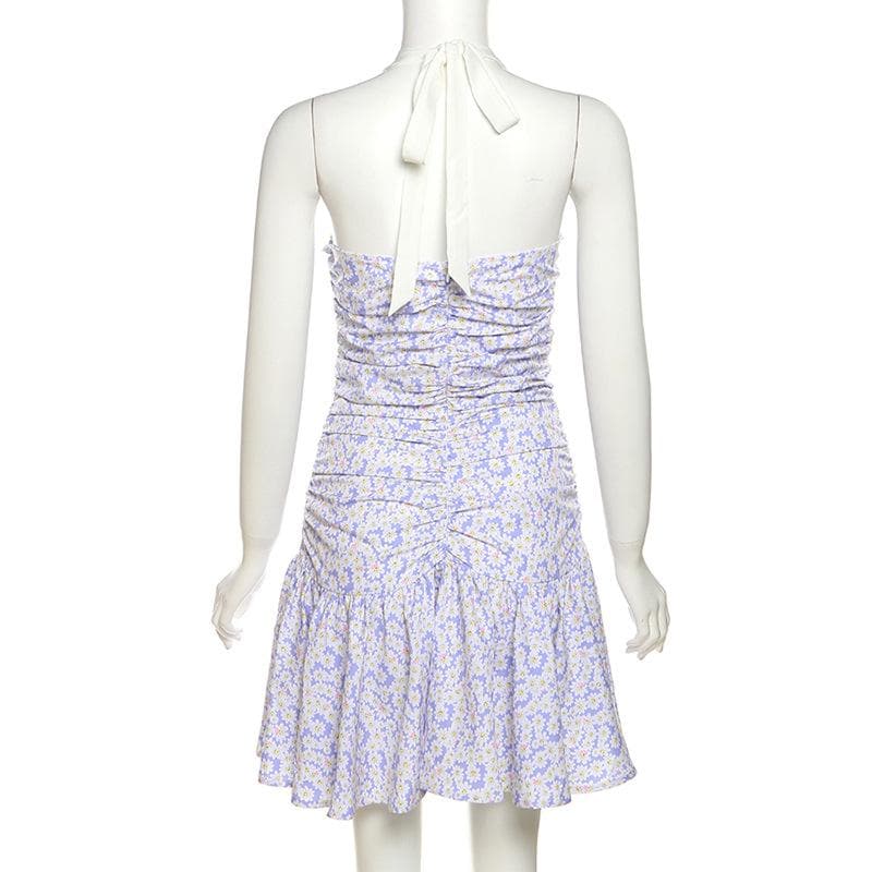 Halter Sweetheart Neck Ruched Ditsy Floral Ruffle Skirt Mini Dress