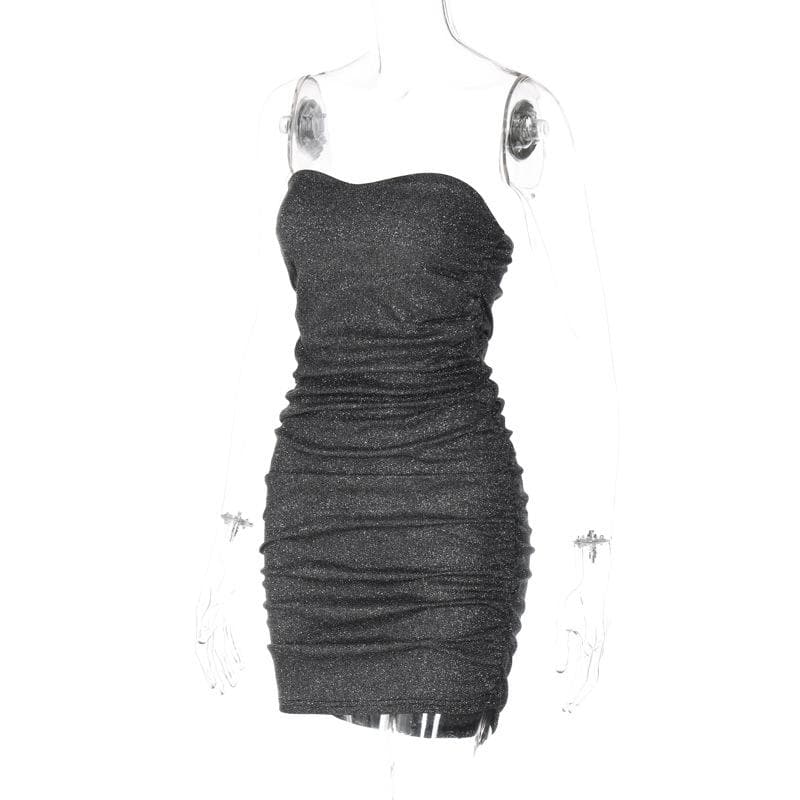 Strapless All-Over Ruched Glitter Knit Bodycon Tube Mini Dress