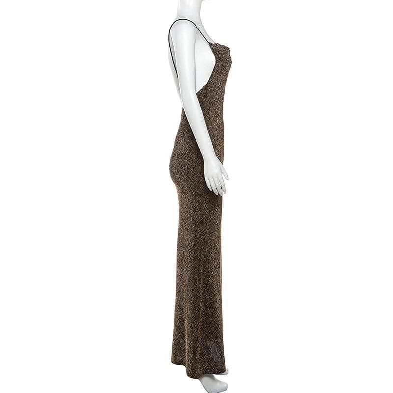 Spaghetti Strap Cowl Neck Glitter Metallic Backless Maxi Dress