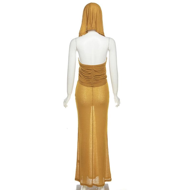 Hooded Cross Halter Ruched Sheer Overlay Bodycon Maxi Dress