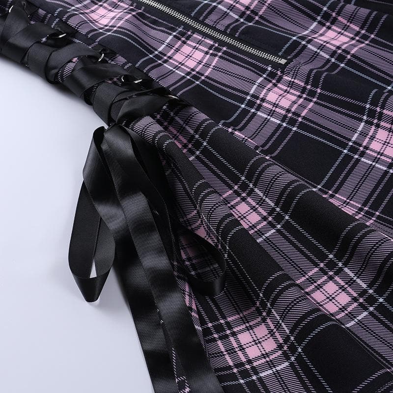 Plaid Print Lace Up Side Tie Spaghetti Strap Mini Dress